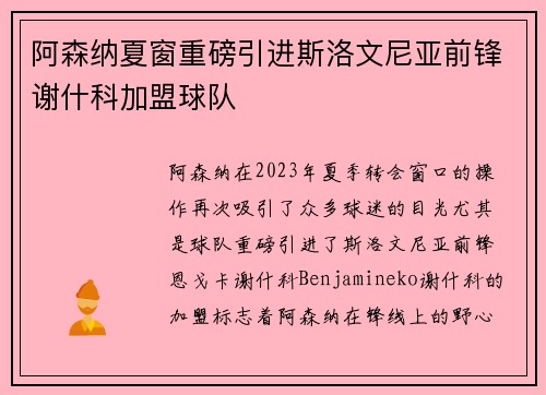 阿森纳夏窗重磅引进斯洛文尼亚前锋谢什科加盟球队